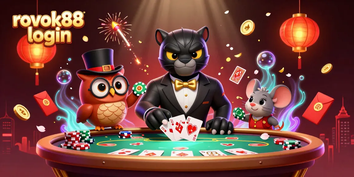 Engage in the vibrant world of gambling with rokok88 login as a stylish black panther deals cards in a lively casino scene.