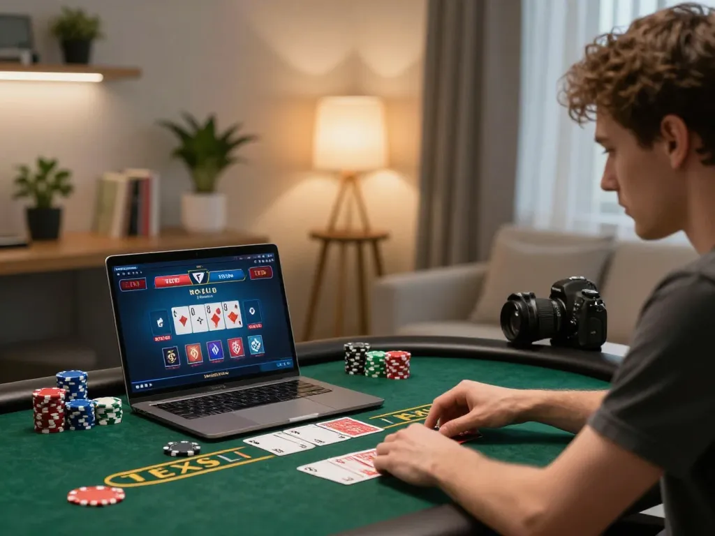 Engaging in a thrilling poker game on hidobasketgoztepe, showcasing a focused player amid relaxed home ambiance.
