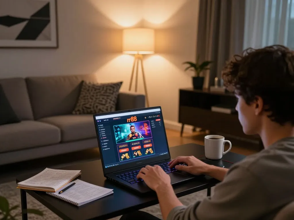 Enjoying a strategic game session on rr88 from a cozy living room with laptop and snacks.