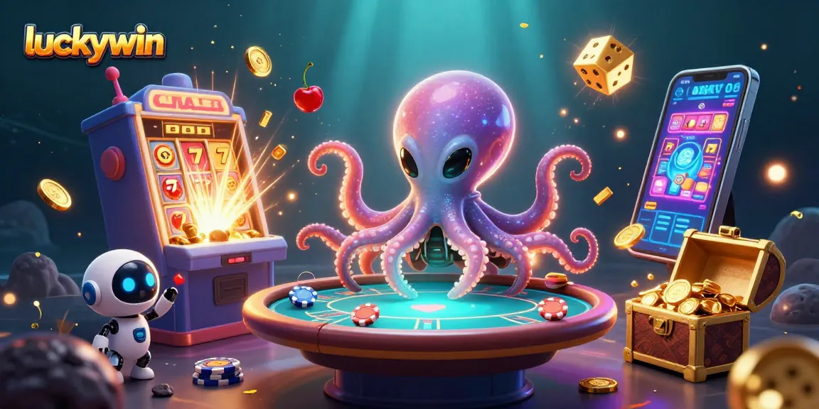Experience luckywin excitement with an alien octopus at a holographic poker table in a vibrant casino.