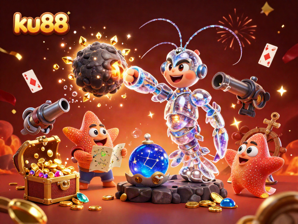 ku88 showcases an exciting casino theme with a galactic mantis shrimp and treasures from a vibrant casino adventure