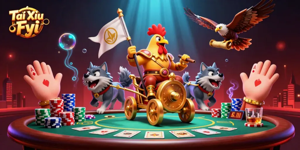 Engage in the exciting antics of Tài Xỉu Fyi with a rooster warlord and poker elements.