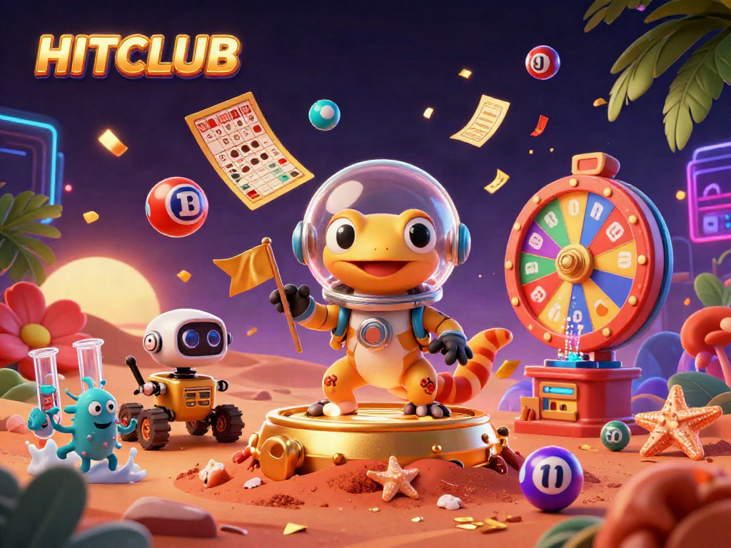Experience HITCLUB's vibrant gaming adventure with Martian geckos uncovering treasures and dynamic lottery elements.