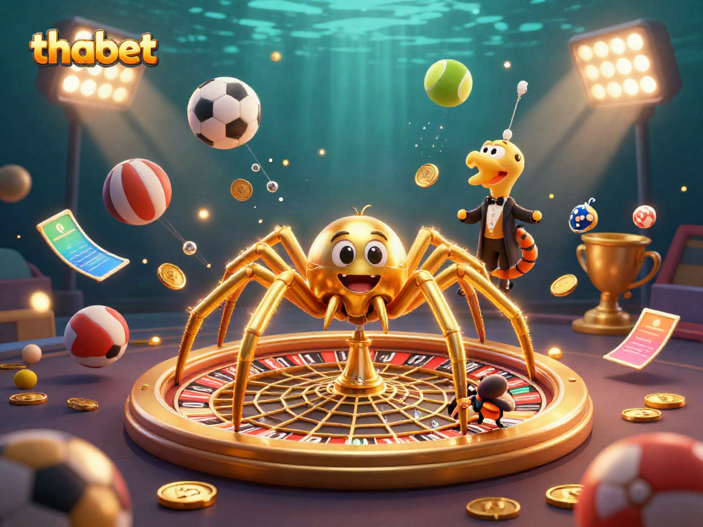 Experience thabet's vibrant gaming scene with a golden spider, a fly, and a centipede croupier surrounded by dynamic sports elements.