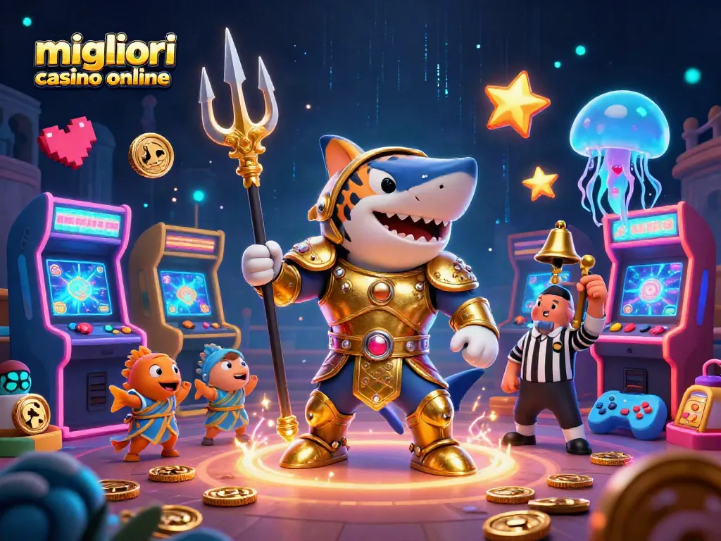 Migliori casino online: scena dinamica con divertenti elementi di gioco e un drammatico colosseo acquatico.