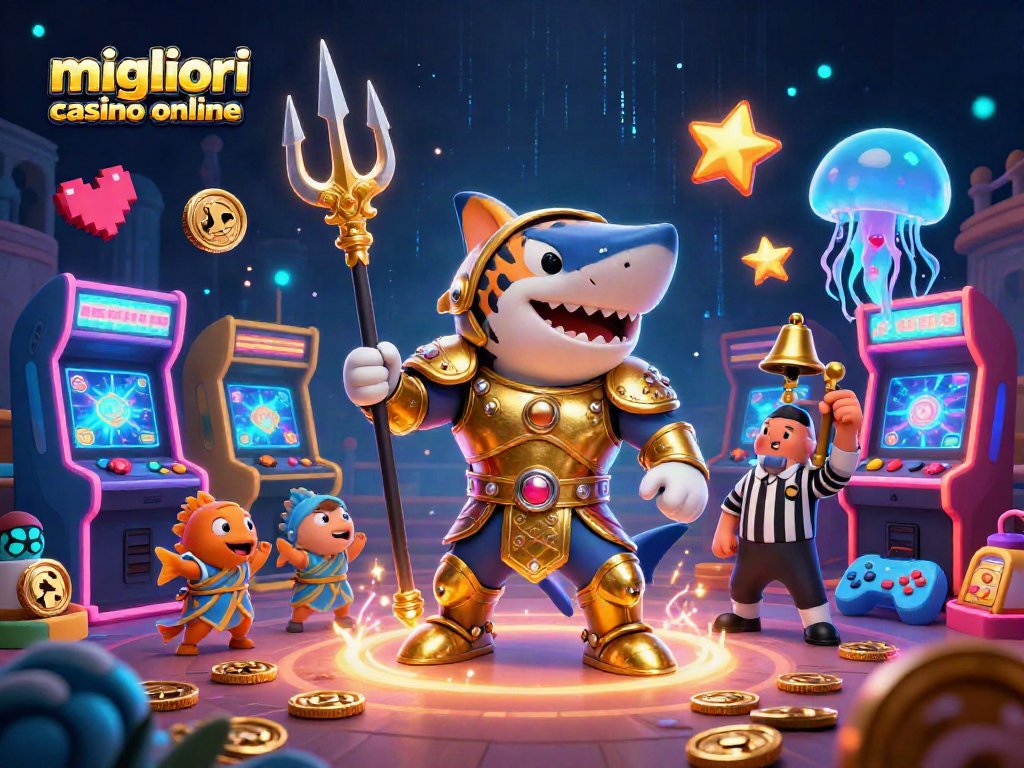 Migliori casino online: scena dinamica con divertenti elementi di gioco e un drammatico colosseo acquatico.