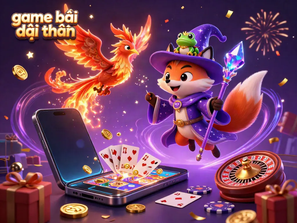 Experience exciting game bài đổi thưởng in a vibrant, magical illustration with a wizard, phoenix, and casino elements.