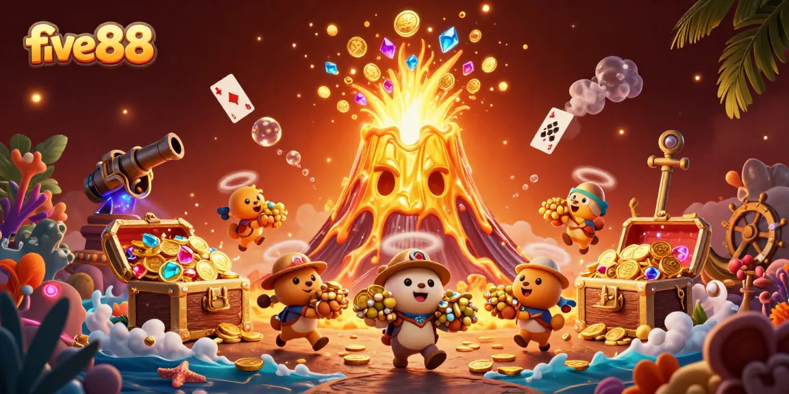 Experience thrilling wins with five88 as treasure erupts from a triumphant volcano in this vibrant casino scene.