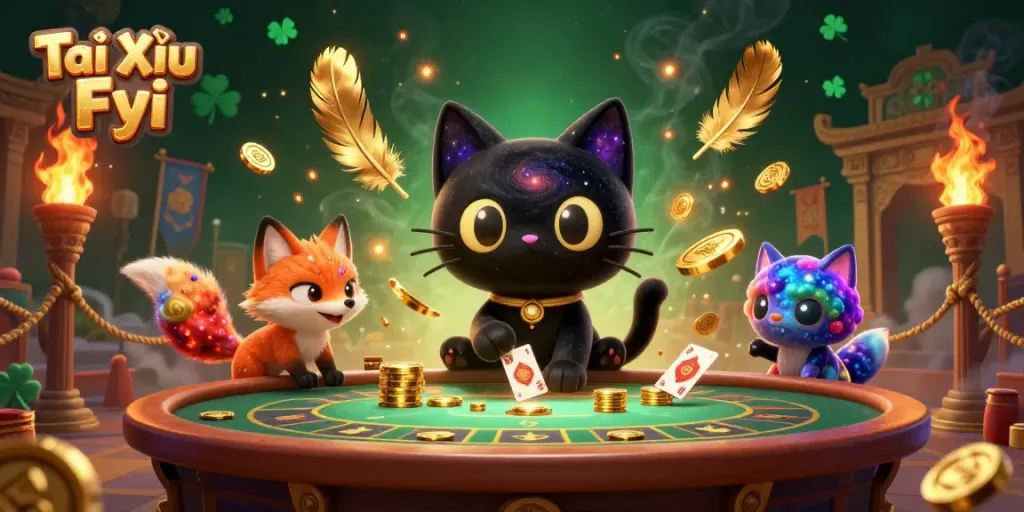 Tài Xỉu Fyi presents a cosmic casino scene with a black hole cat and nebula fox pulling in golden chips.