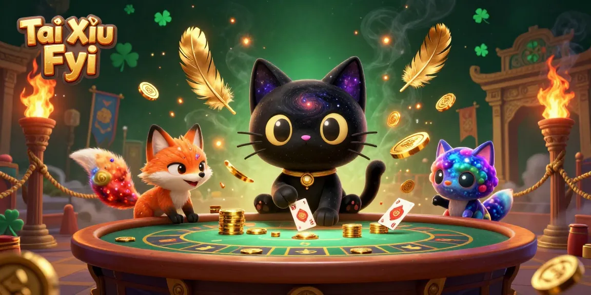 Tài Xỉu Fyi presents a cosmic casino scene with a black hole cat and nebula fox pulling in golden chips.