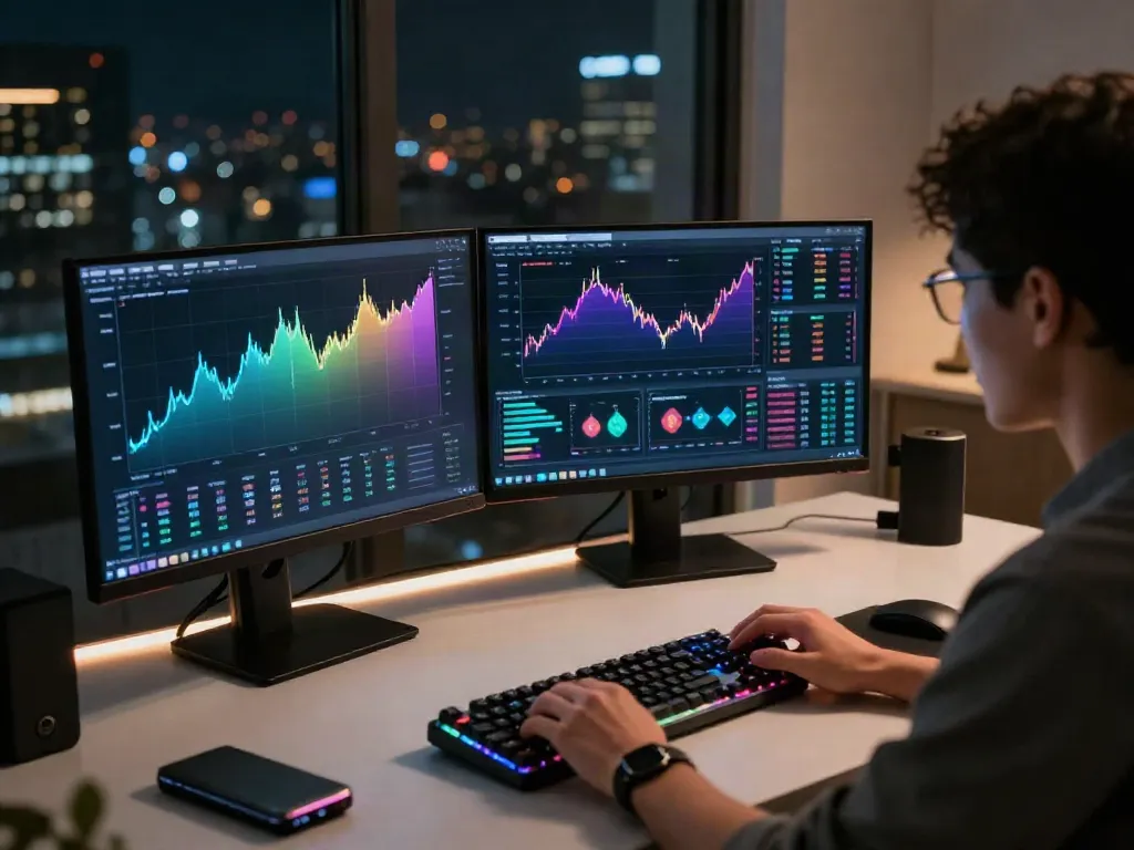 Instagram-focused crypto trading setup with Bitcoin charts, DeFi analytics, and hardware wallet, showcasing security and innovation.