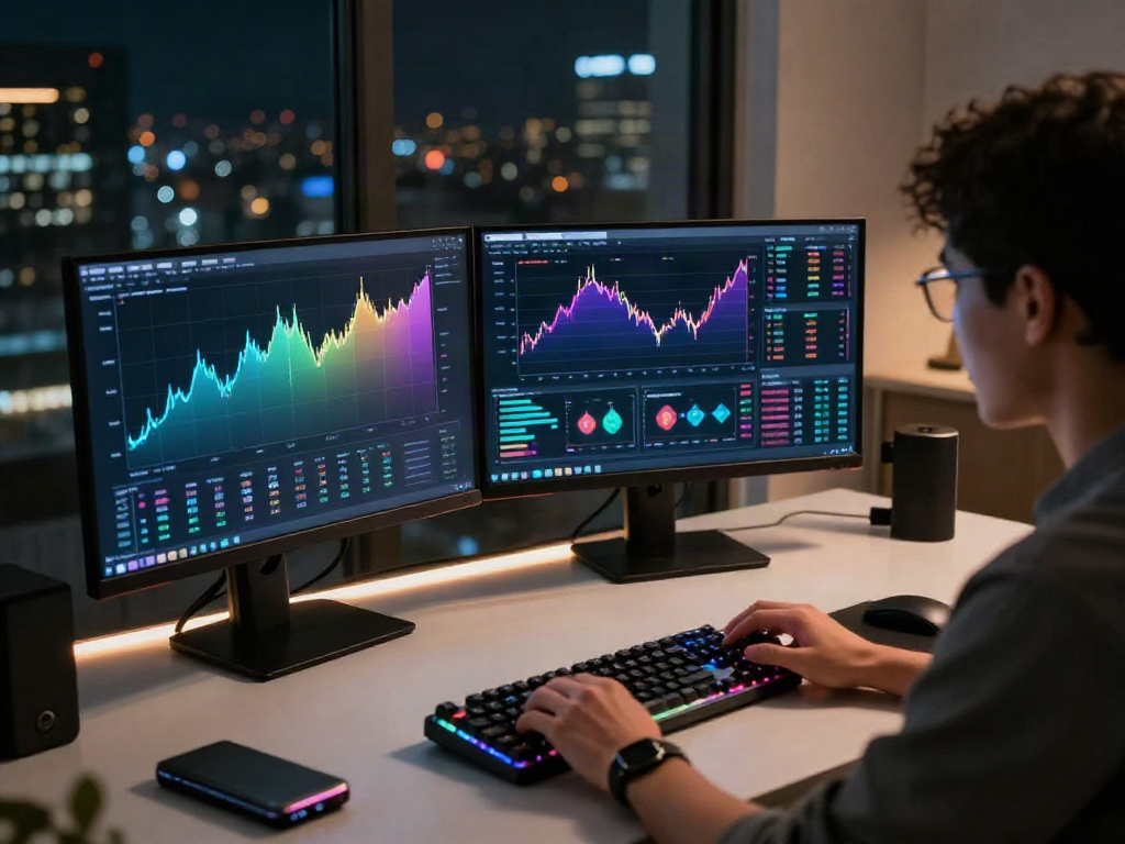 Instagram-focused crypto trading setup with Bitcoin charts, DeFi analytics, and hardware wallet, showcasing security and innovation.