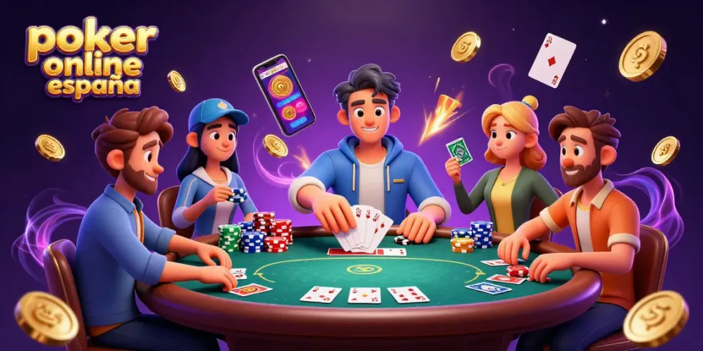 Juega al poker online en España, experimenta una partida vibrante con mano ganadora y fichas doradas.