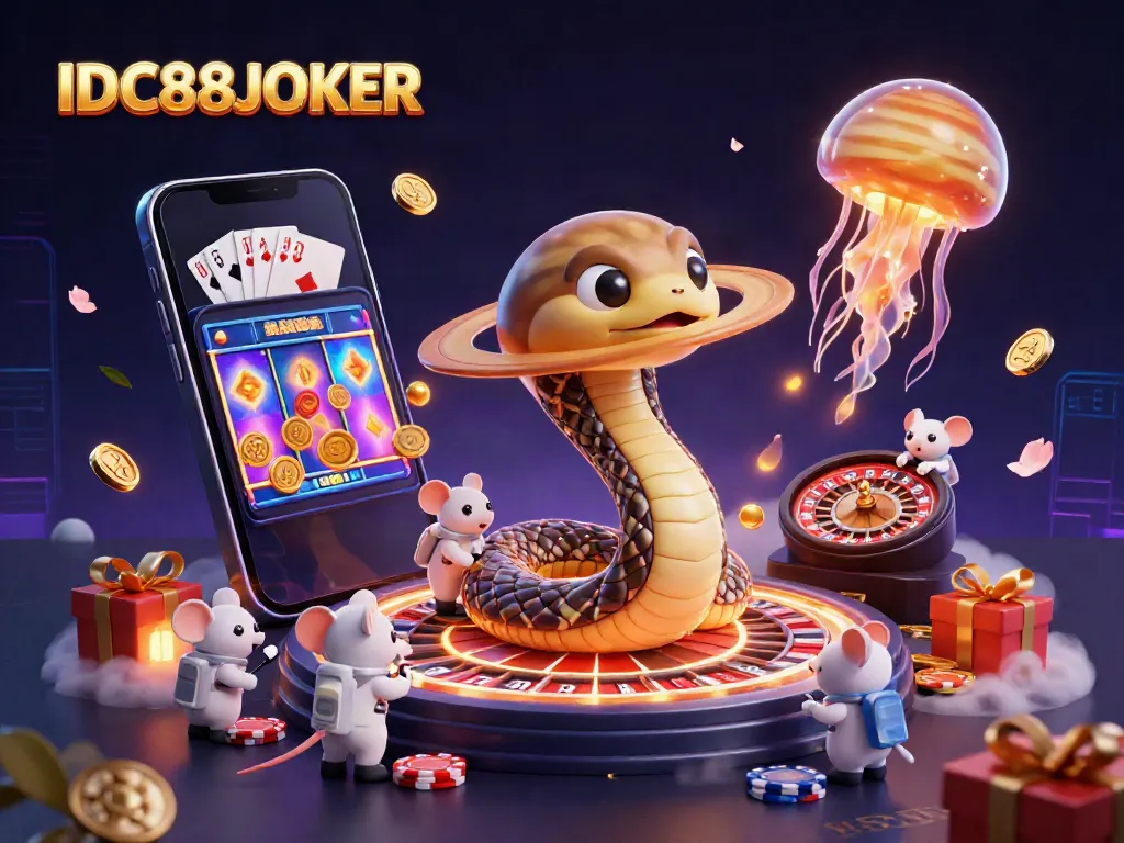 Experience thrilling gameplay in IDC88JOKER with a cosmic twist in this colorful 3D scene featuring unique characters and casino elements.