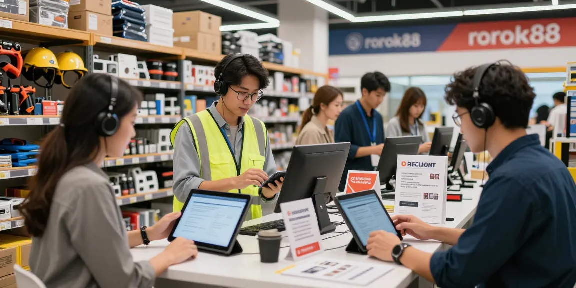 Engaging e-commerce shopping at rokok88 with diverse professionals selecting industrial tools and office supplies.