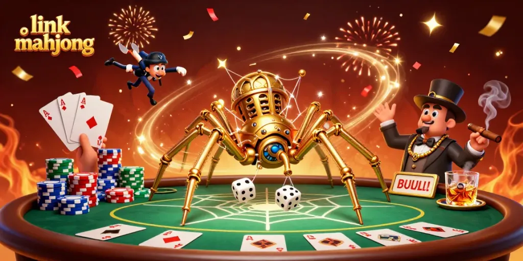 Engage with link mahjong as dynamic characters celebrate wins amidst poker chaos and festive detailing.
