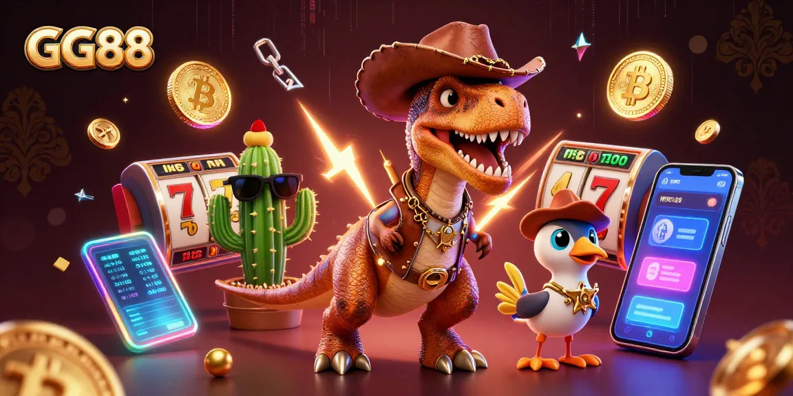 Experience the vibrant world of GG88 with a dynamic scene featuring a cartoon cowboy dinosaur and casino elements.