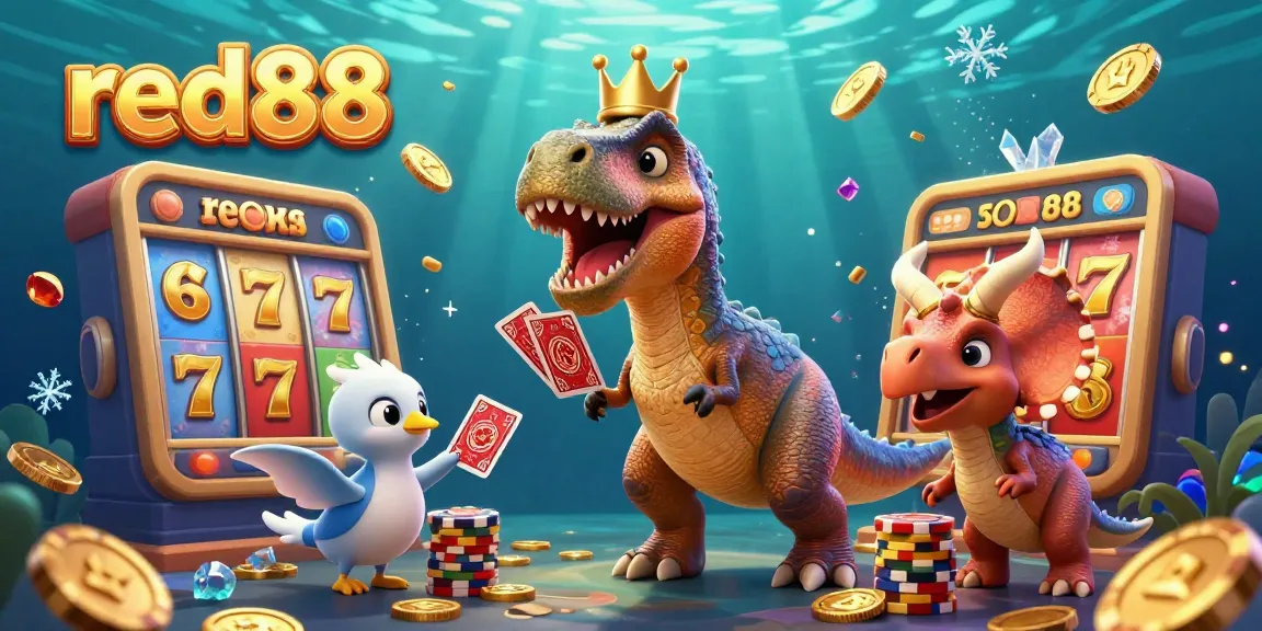 Engage with red88's vibrant slot games featuring a friendly T-Rex and dynamic casino elements.