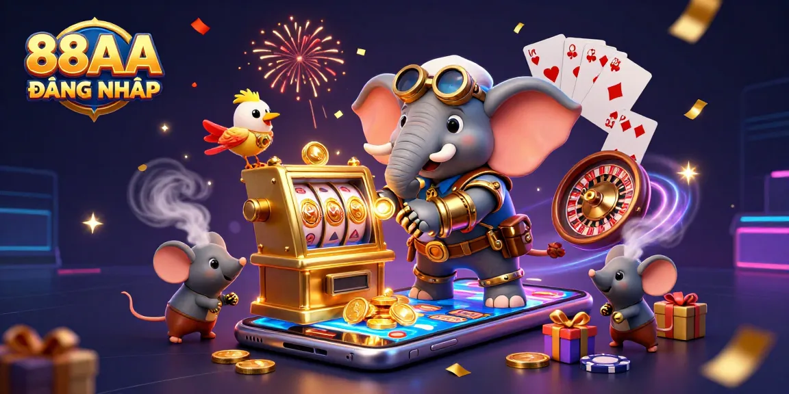 Experience thrilling games with 88AA ĐĂNG NHẬP surrounded by exciting slot machines and vibrant casino elements.
