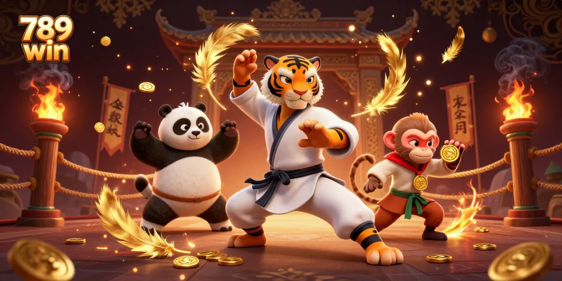 Engage with the vibrant 789 win casino atmosphere featuring kung fu tigers and playful scenes.
