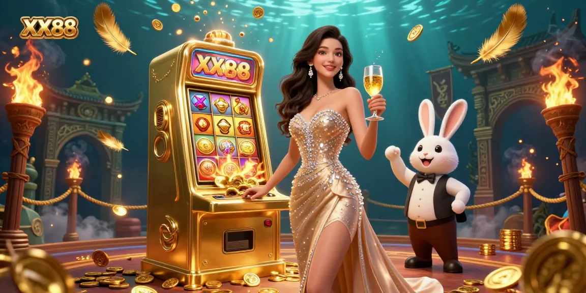 Experience the excitement of XX88 casino with golden jackpot machines and lively characters.