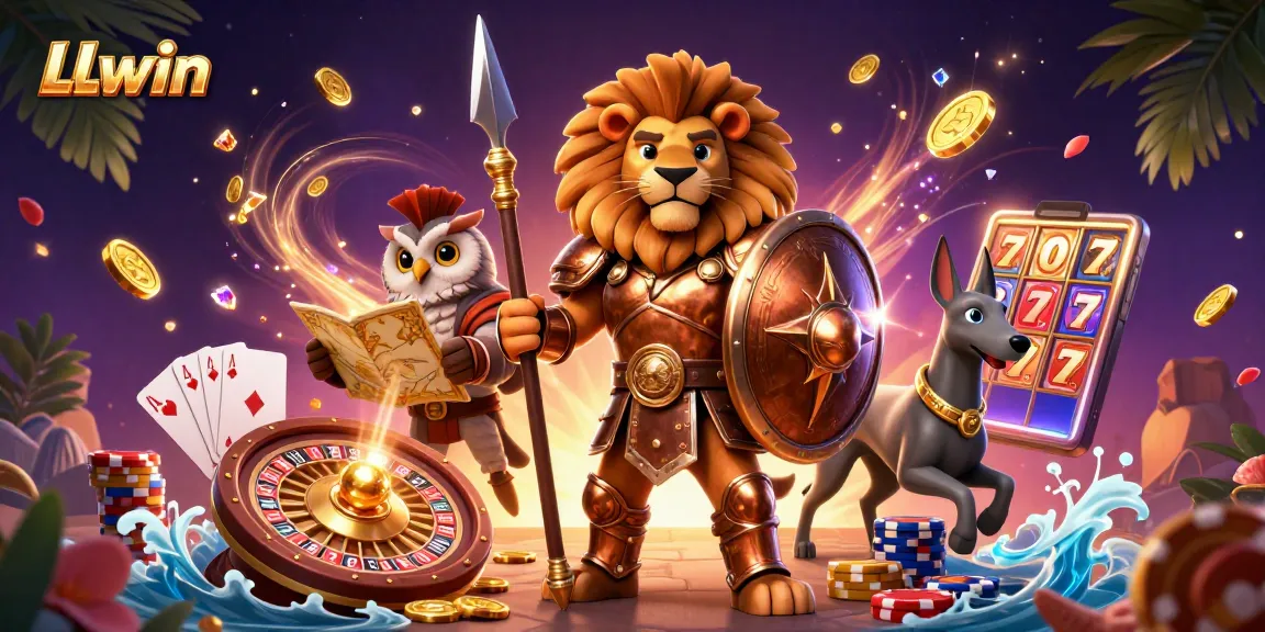 Engage in thrilling gameplay at LLwin with a vibrant scene of a Spartan lion, owl strategist, and greyhound messenger amid casino excitement.