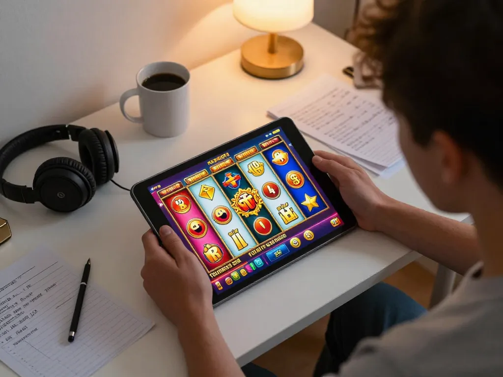 Nổ Hũ gameplay displayed on a tablet with vibrant reels, player engaged in strategic online slot gaming.