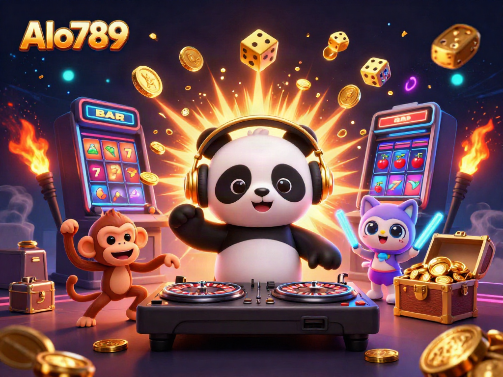 Catch exhilarating gaming vibes with Alo789 as a DJ panda spins casino roulette wheels while colorful coins burst from slot machines.