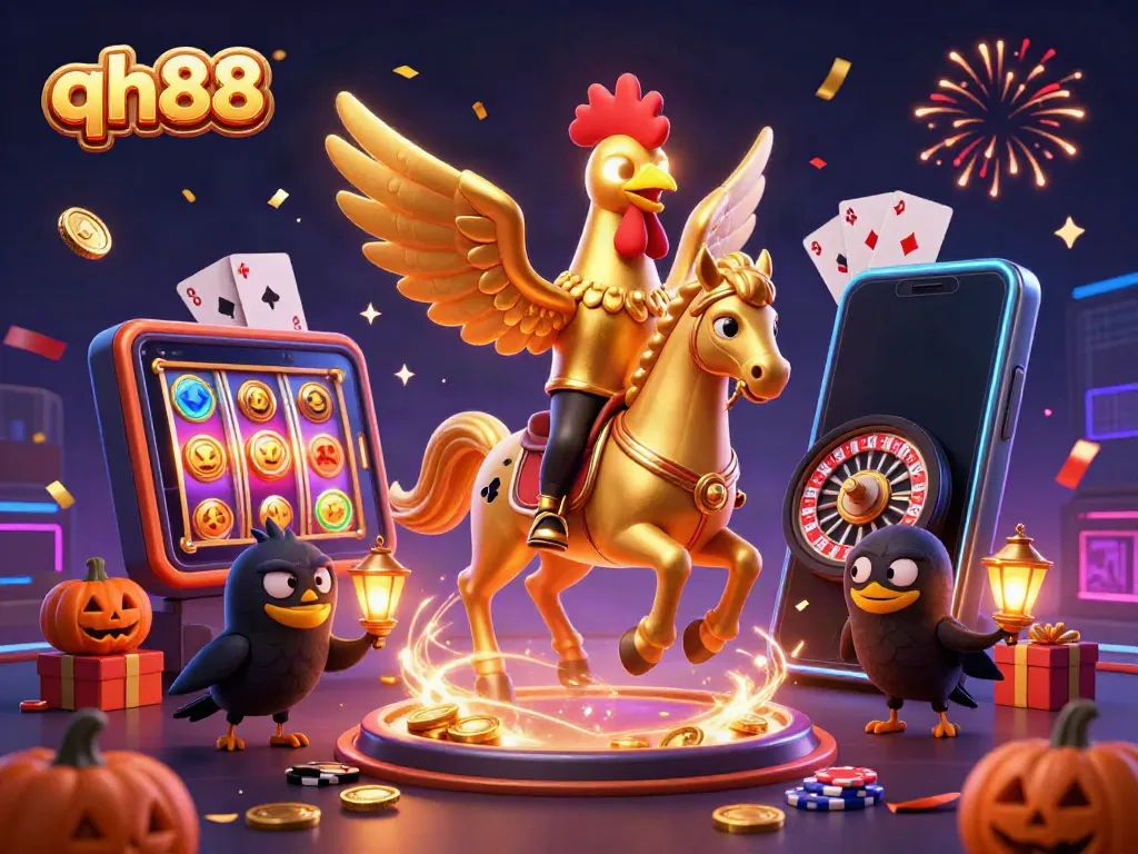 Experience the thrill of gambling with qh88, featuring vibrant casino characters and games in an enchanting scene.