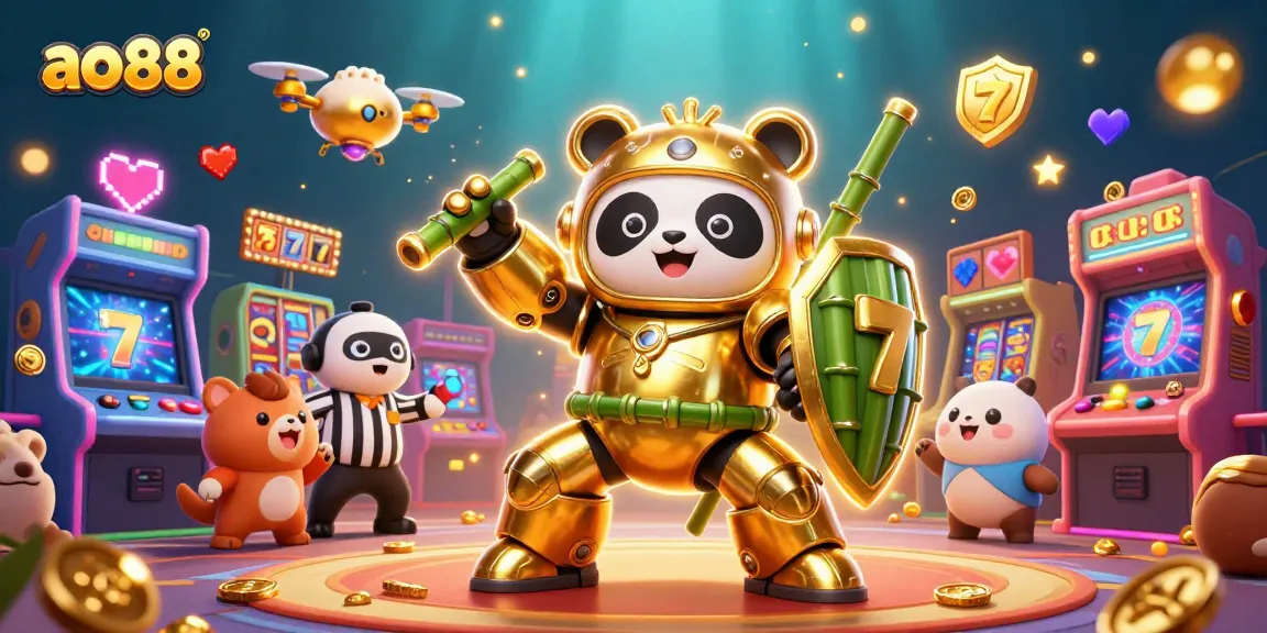 Join the action at ao88 with a vibrant 3D casino scene filled with colorful slot machines and energetic characters.