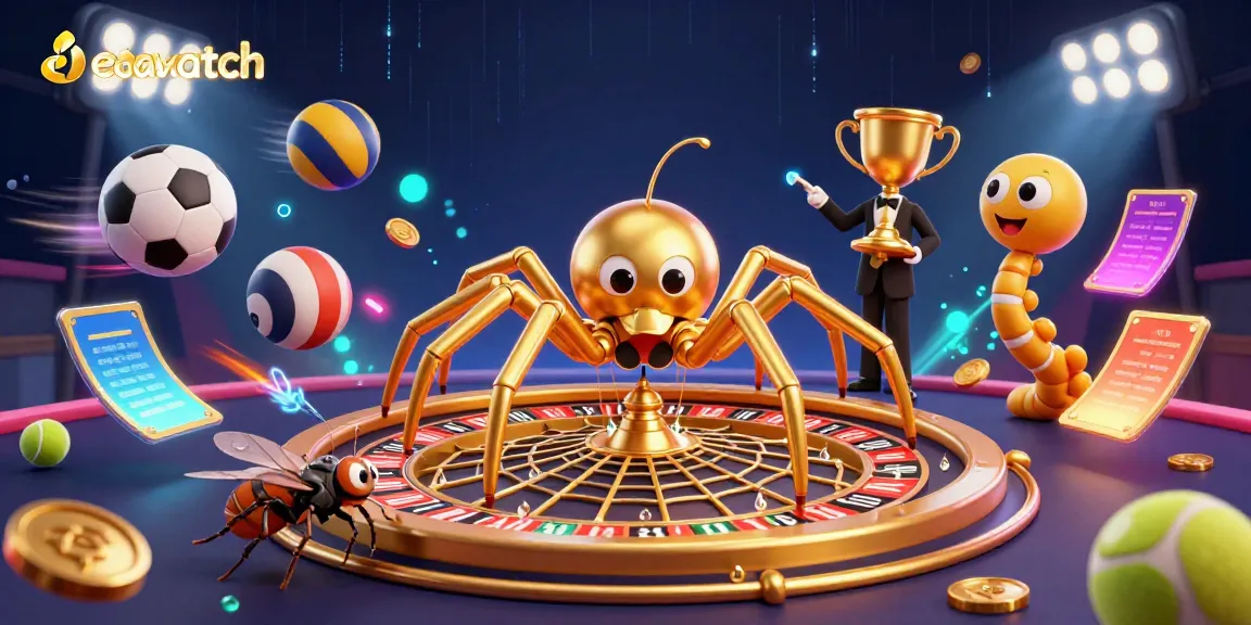 Experience the thrilling Edawatch casino atmosphere as a golden spider spins a roulette wheel web while a fly nervously bets.