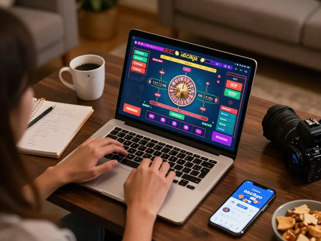 Engaging in online gaming at abc8go, showing vibrant roulette gameplay on a laptop with cozy ambiance.