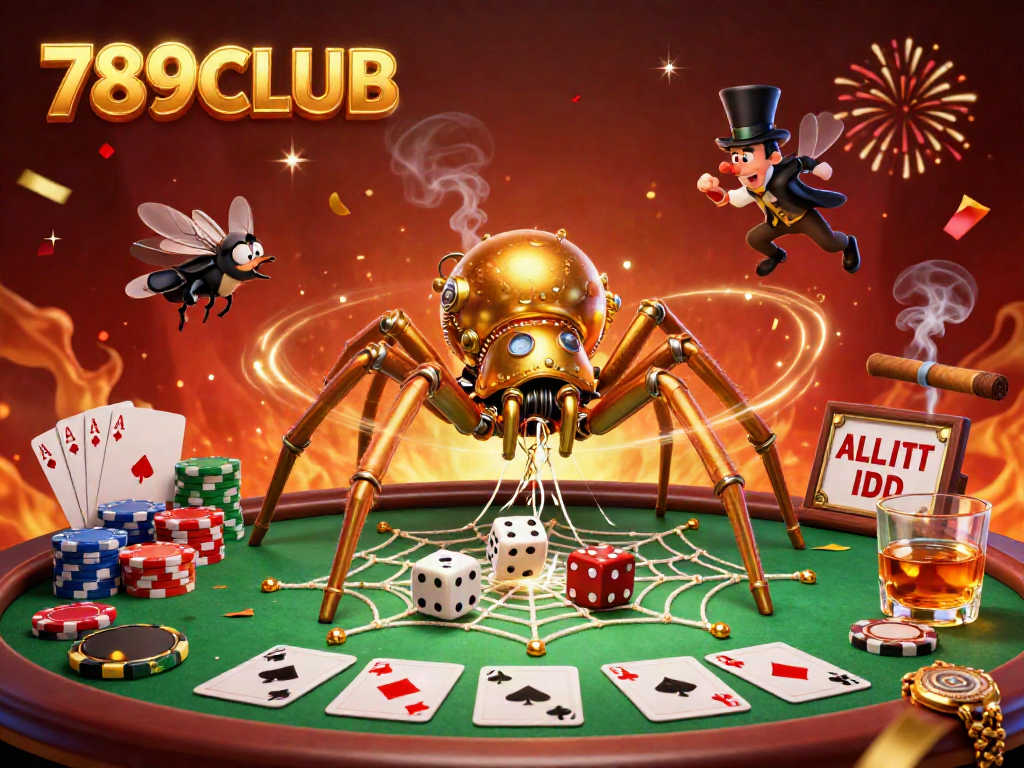 Experience the thrilling world of 789CLUB with a vibrant steampunk scene showcasing a golden spider and poker elements.