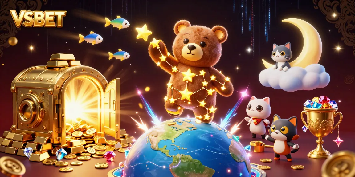 Experience winning excitement with VSBET's vibrant 3D casino-themed scene filled with treasures.