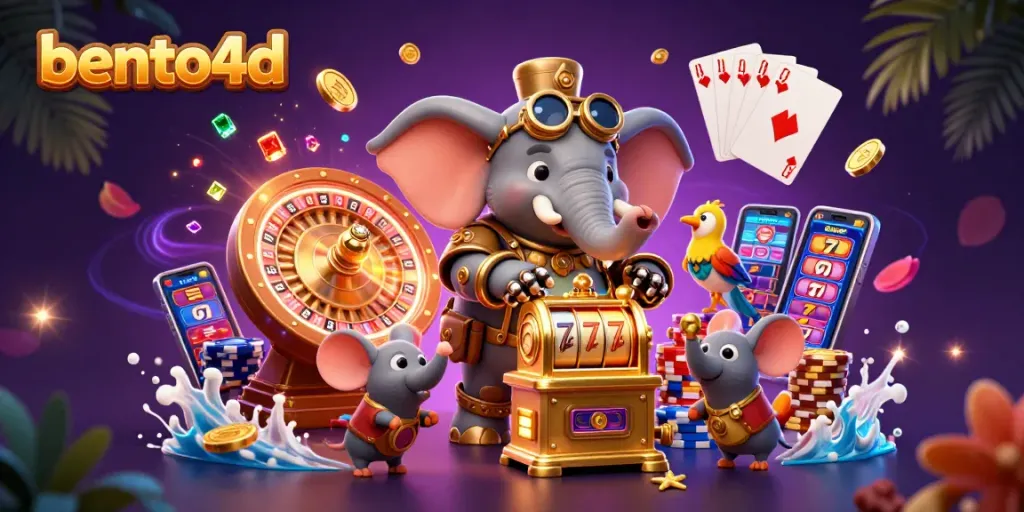 Win big with bento4d in this dynamic 3D casino scene featuring a steampunk elephant at a slot machine.