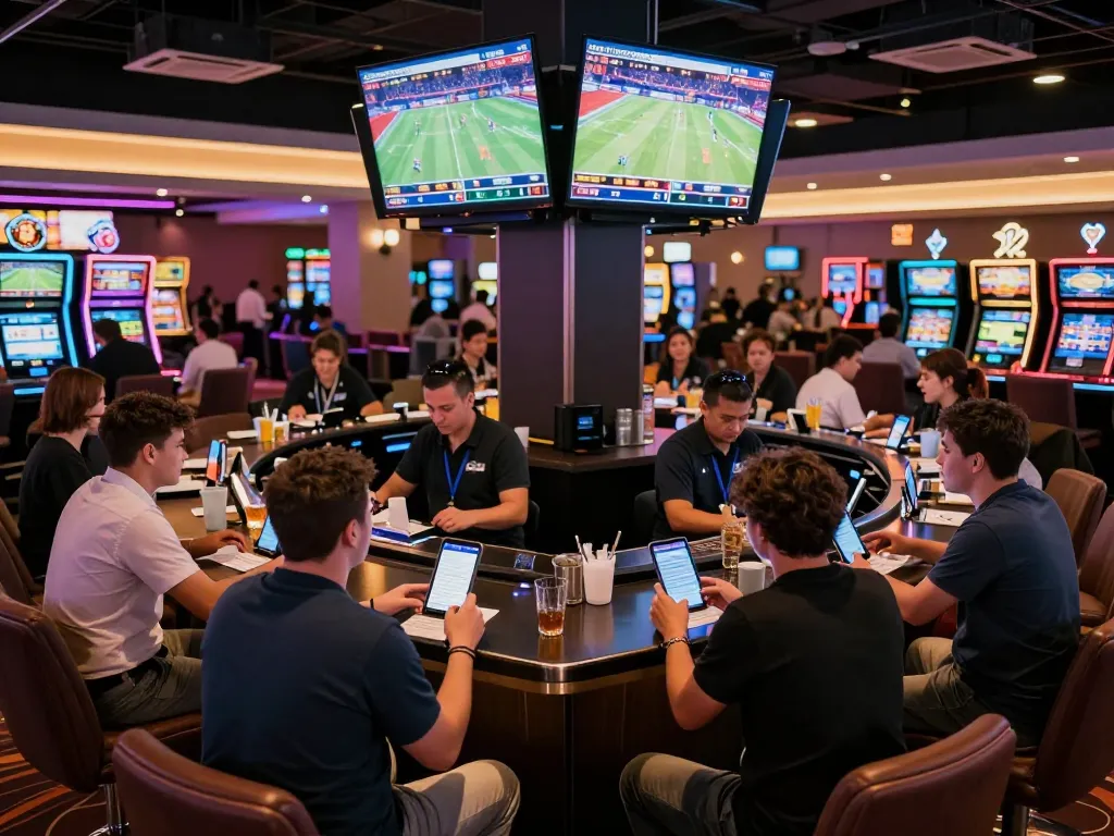 Fabet sports betting excitement with multiple screens displaying live events and engaged bettors.
