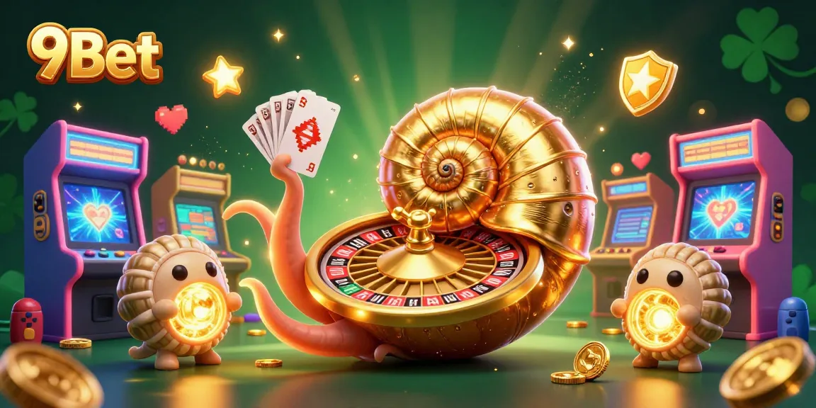 Play casino games with 9Bet's vibrant 3D casino scene featuring a giant nautilus and glowing elements.