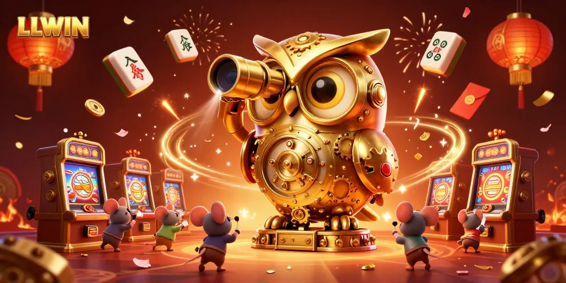 LLWIN features a captivating casino scene with a whimsical golden owl and wind-up mice among vibrant gaming elements.