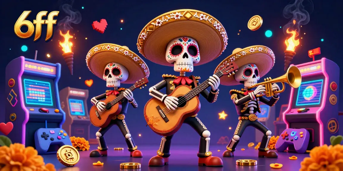 Engage with 6ff through a vibrant 3D casino scene featuring mariachi skeletons and dynamic gaming elements.