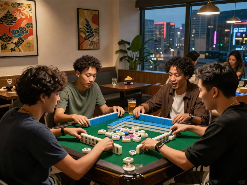 MAHJONGJP88 hari ini in a lively gaming scene with friends enjoying mahjong tiles, drinks, and city lights.