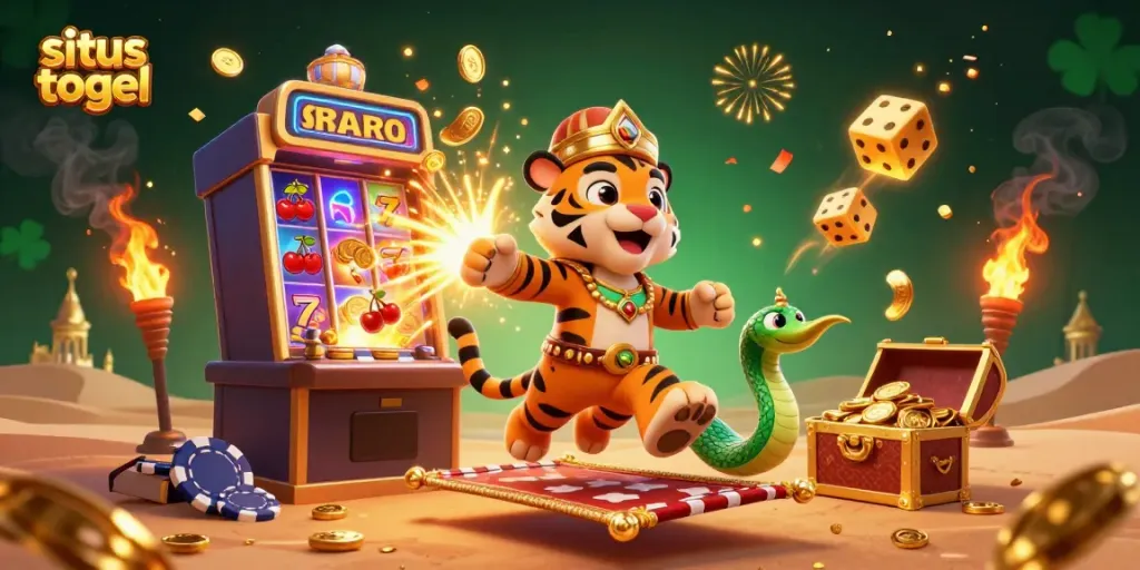 Experience the thrilling world of situs togel with an enchanting 3D scene showcasing an Arabian tiger sultan and vibrant casino elements.