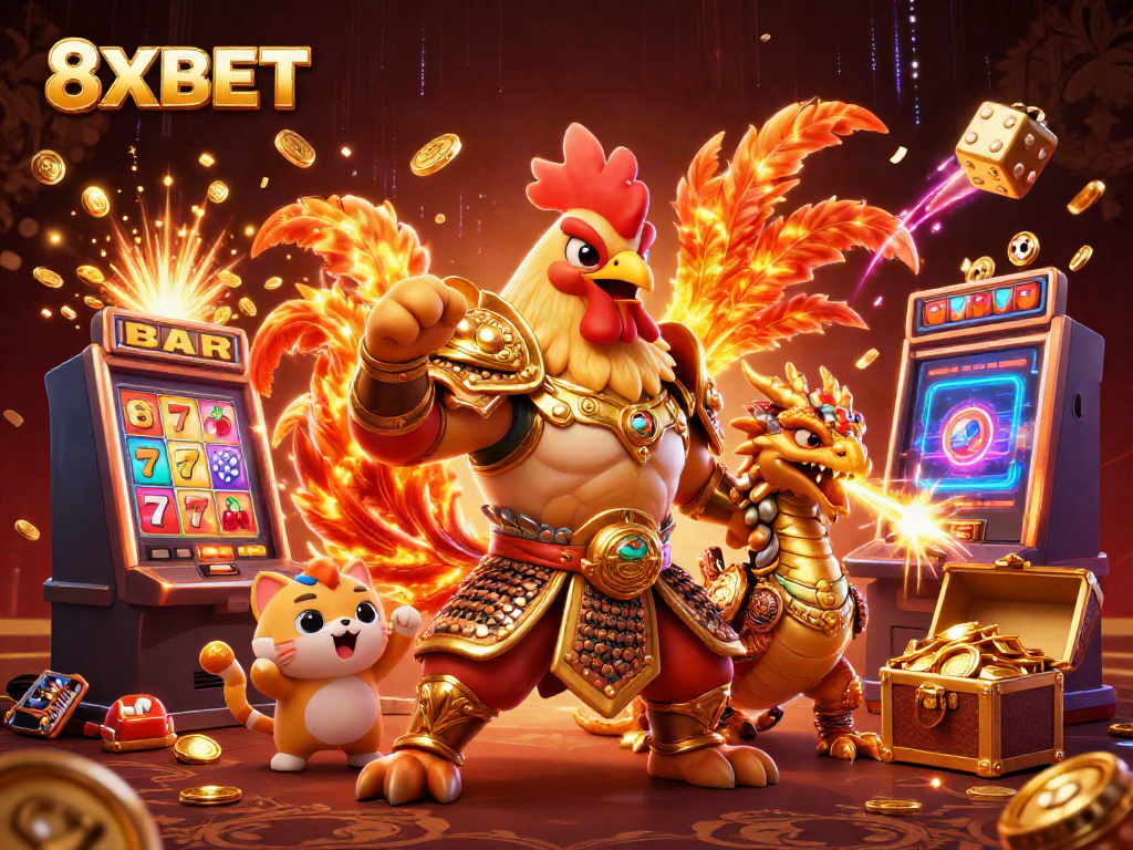 Experience the excitement of winning with 8XBET, featuring dynamic characters and casino elements.