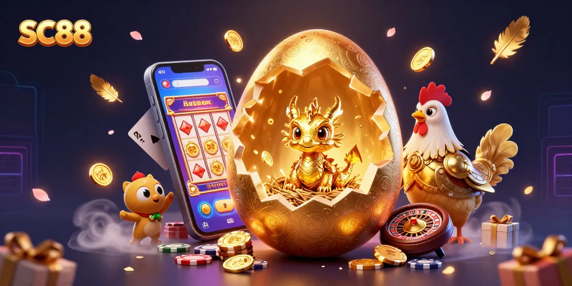 Experience big wins with SC88's vibrant 3D illustration showcasing a golden dragon amid exciting casino elements like poker chips and slot games.
