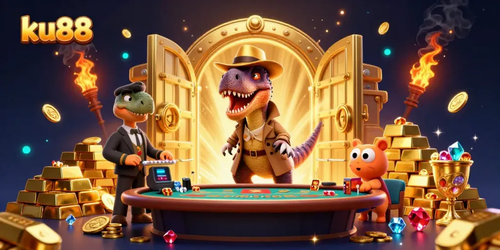 Score big at ku88 with this vibrant 3D scene featuring animated characters in a casino setting.