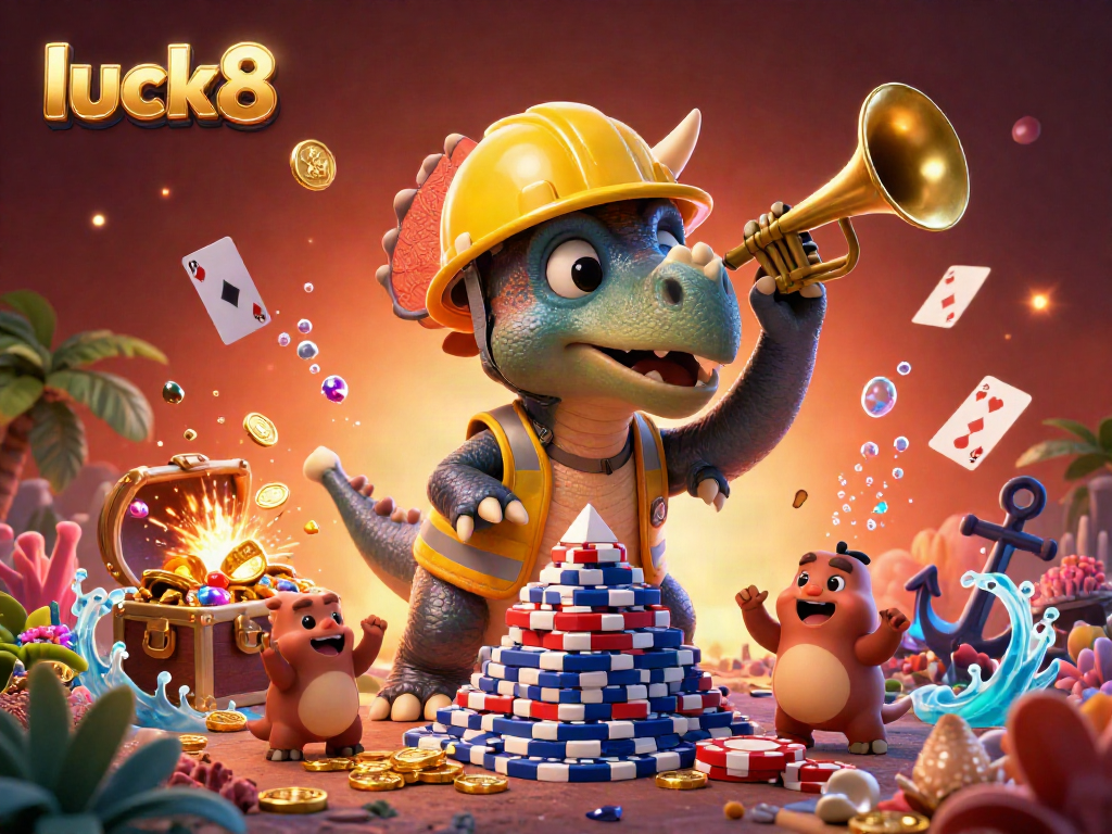 Join luck8 to celebrate casino fun with a triceratops building poker chip towers.