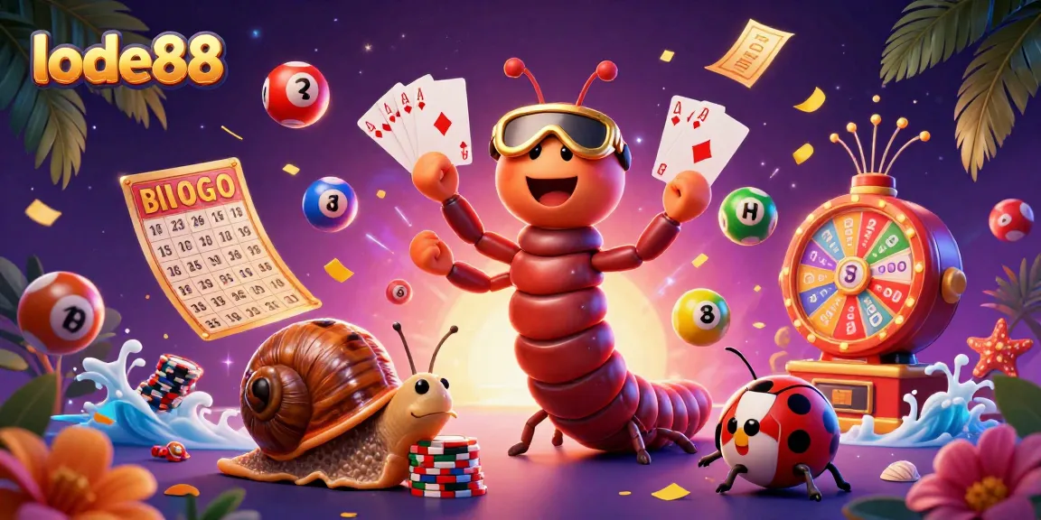 lode88 engages players with a vibrant scene of a millipede dealer, colorful lottery balls, and exciting game elements.