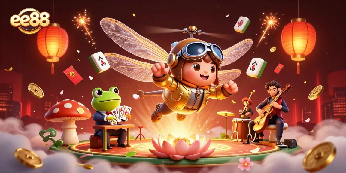 ee88 showcases a vibrant casino scene with a dragonfly pilot, frog dealer, and jazz musicians.
