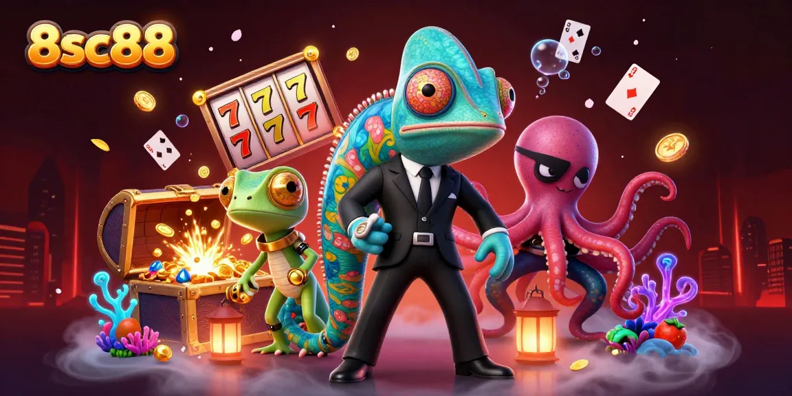 Experience thrilling gaming at 8sc88 with vibrant characters, slot reels, and dazzling treasures.