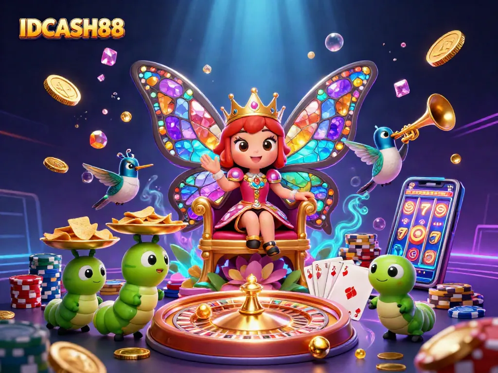Play exciting games at IDCASH88, featuring a vibrant 3D illustration of casino elements and characters.