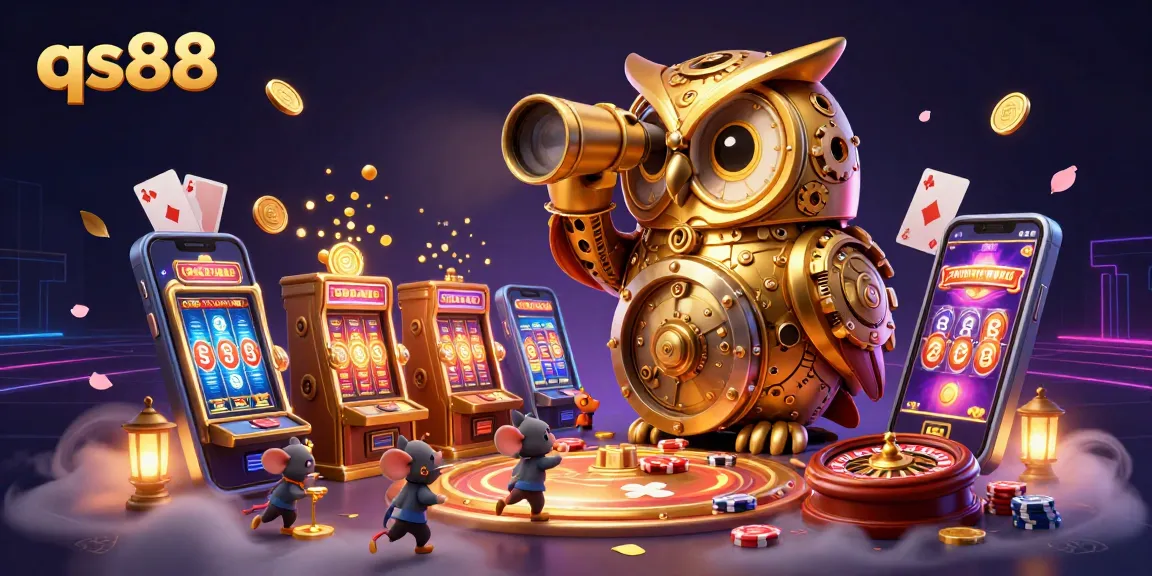 Playing vibrant slots at qs88 while a golden owl oversees exciting casino activity with magical details.